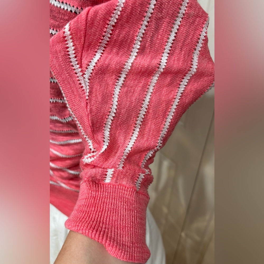 🌸 DKNY long-3/4 sleeve, striped v-neck knit sweater, watermelon pink, Pointelle - Picture 12 of 14